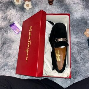 Salvatore Ferragamo Black Patent Leather Loafers with Metallic Accent
